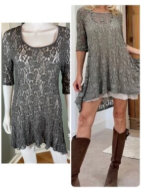 Surrealist Gray Wendy Pucker Lace Sheer Asymmetrical Mini Dress Tunic Top S/M